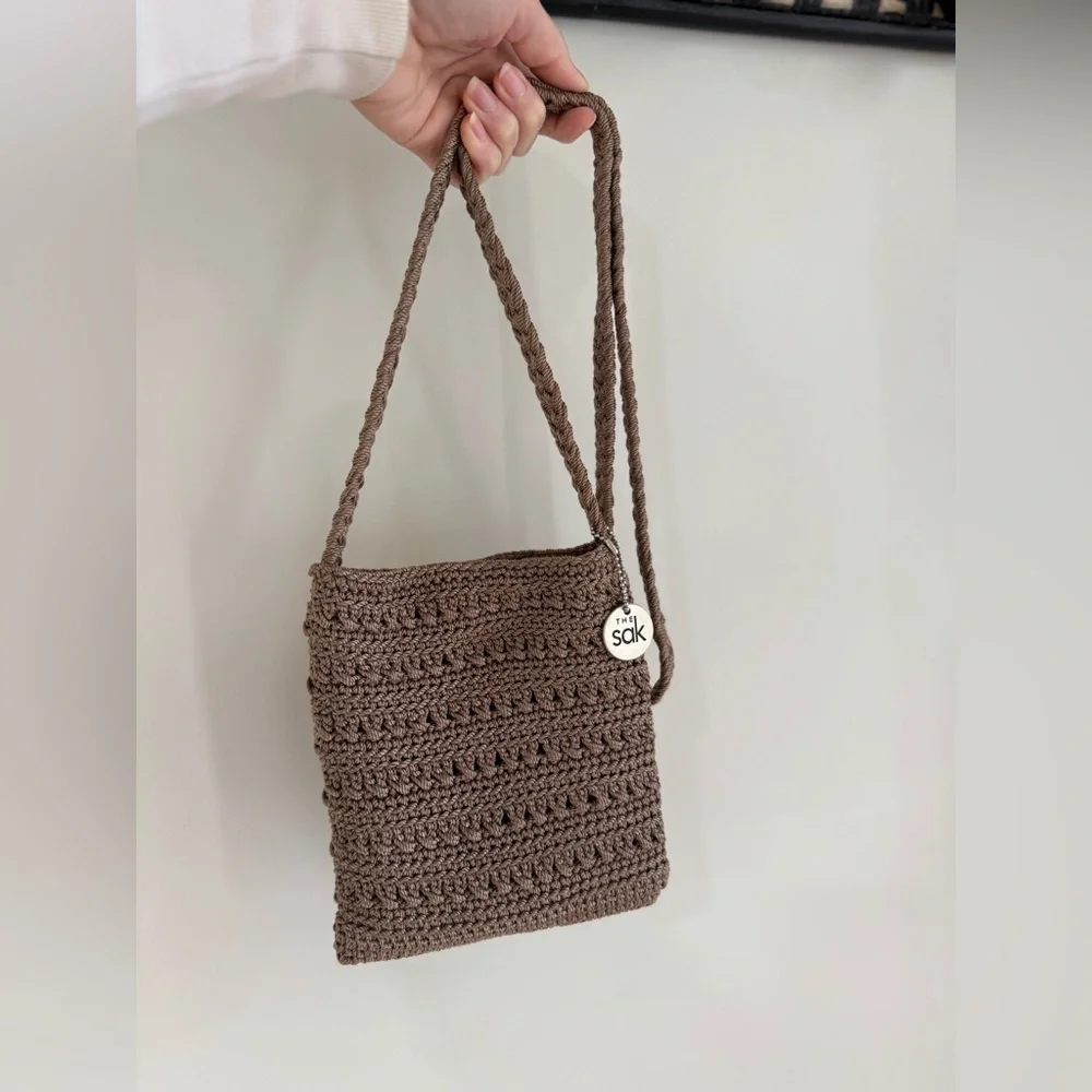 The Sak Crochet Knit Boho Small Crossbody Bag - Light Brown/Taupe